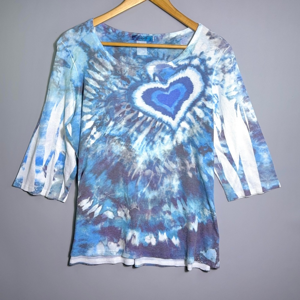 Only 9 Shirt Womens Size Large Tie Dye Heart Waffle Knit Thermal Blue Y2K